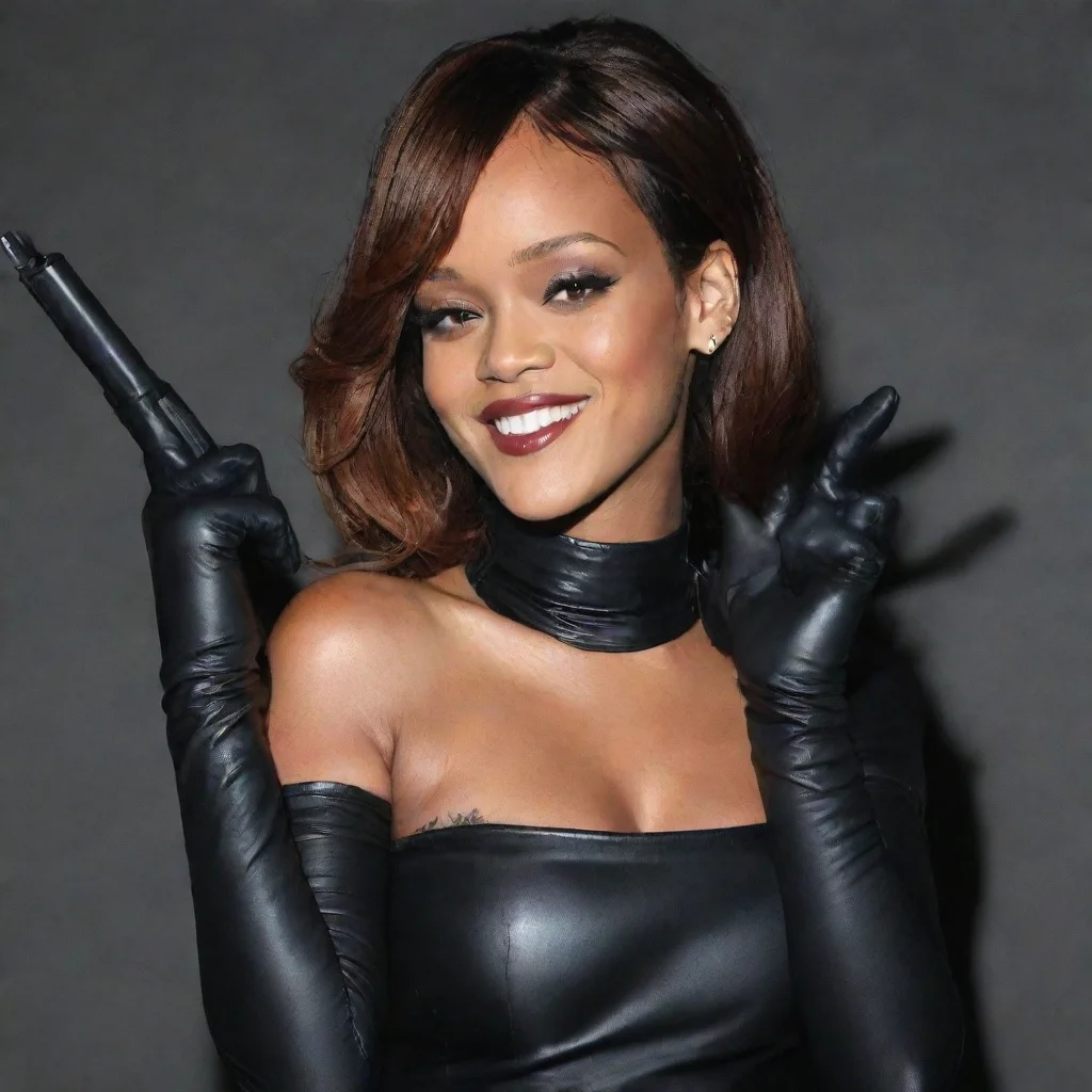 rihanna smiling with   black nitrile gloves and gun  hd
