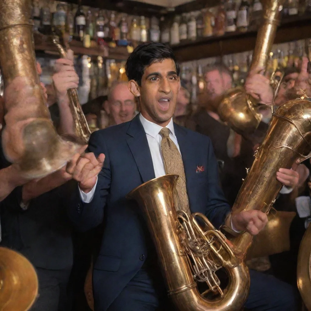 rishi sunak playing a tuba surrounded by pints of ale