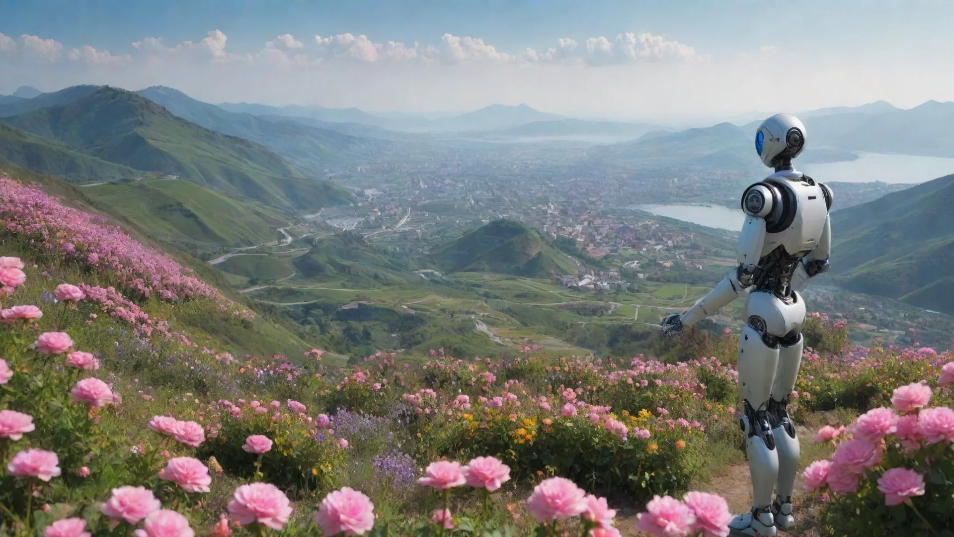 airobot looking at sweeping views hd aesthetic best quality beautiful landscape environment flowers wide