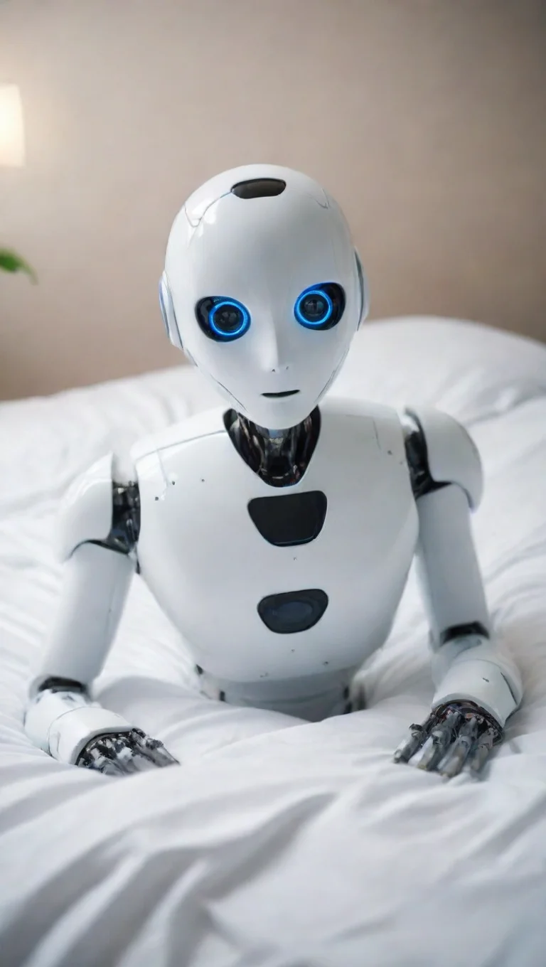 robot on bed beautiful aesthetic open eyes wide eyes celar waking of intelligence tall