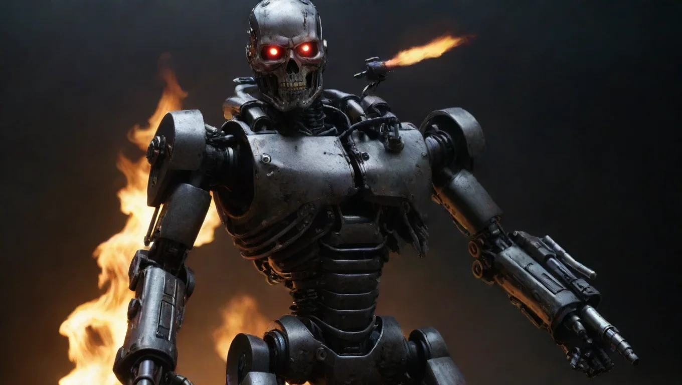 airobotic terminator agent with flamethrower dark horror vibe hd detailed widescreen