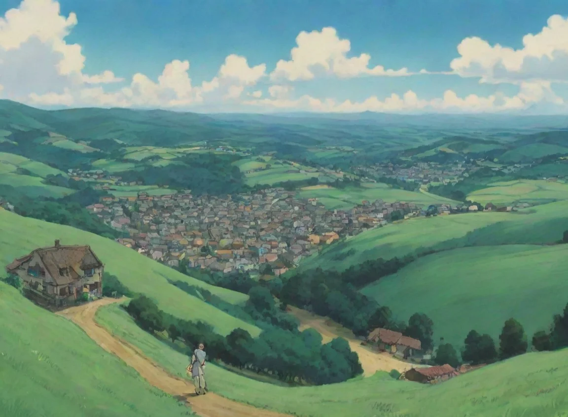 airolling hills peaceful town in distance ghibli aesthetic landscape43