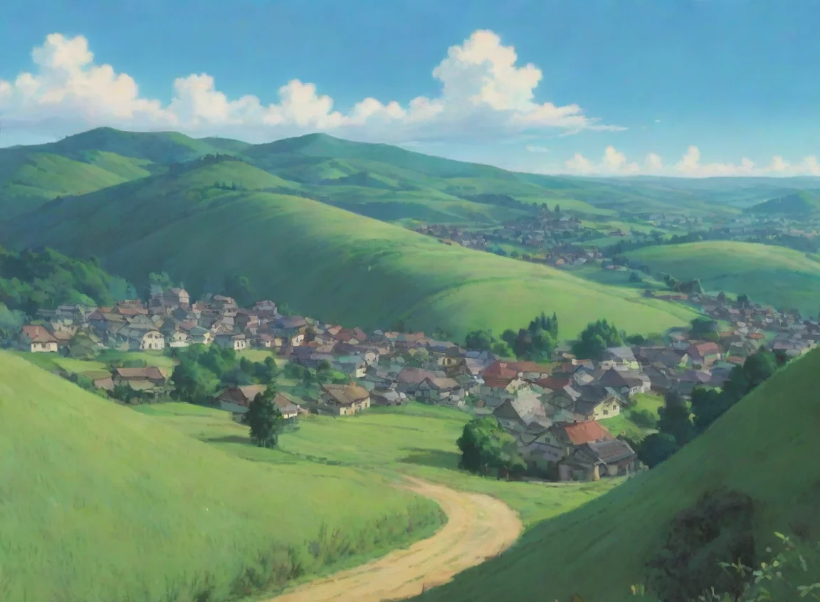 airolling hills peaceful town in distance ghibli aestheticundefined 4 landscape43
