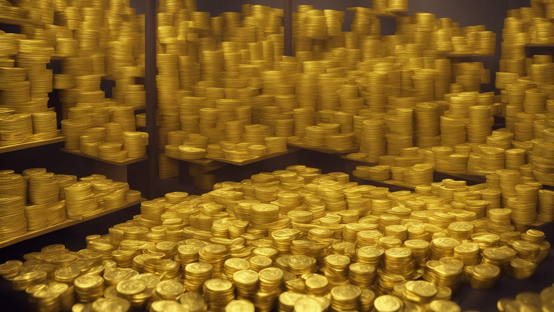 room full of gold bars and coins wide