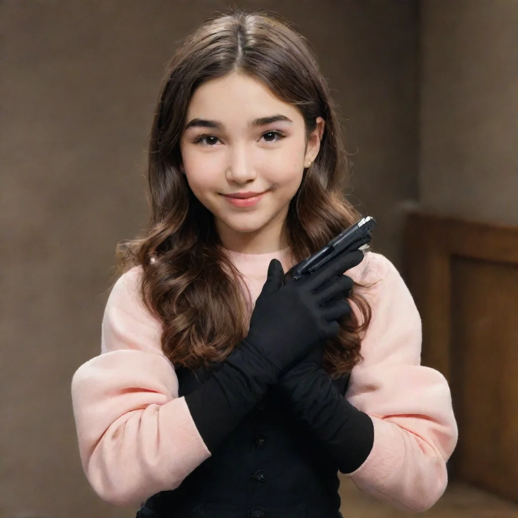 rowan blanchard  from girl meets world smiling with black gloves and gun shooting mayonnaise