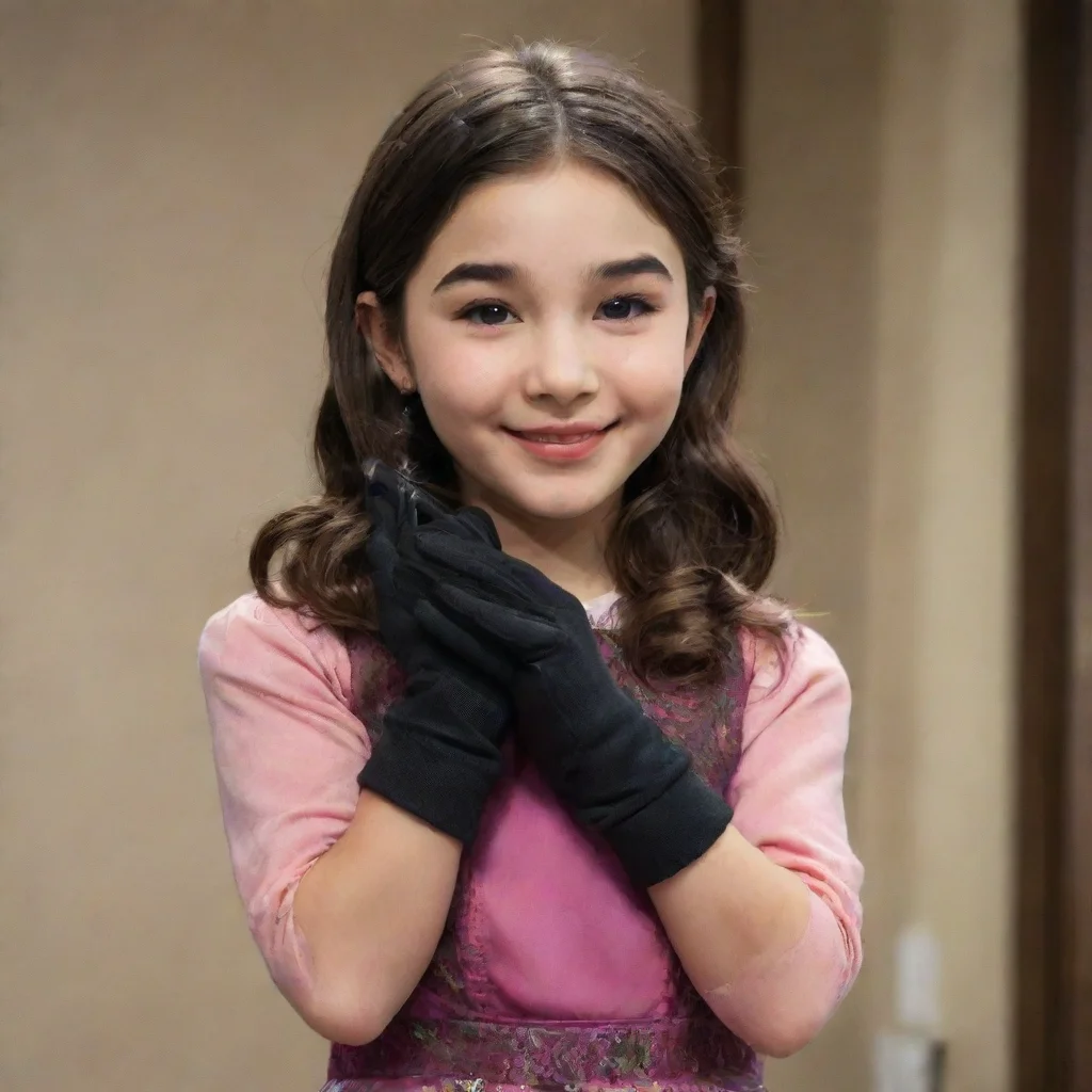 rowan blanchard as riley mathews from girl meets world smiling with black gloves and gun shooting mayonnaise