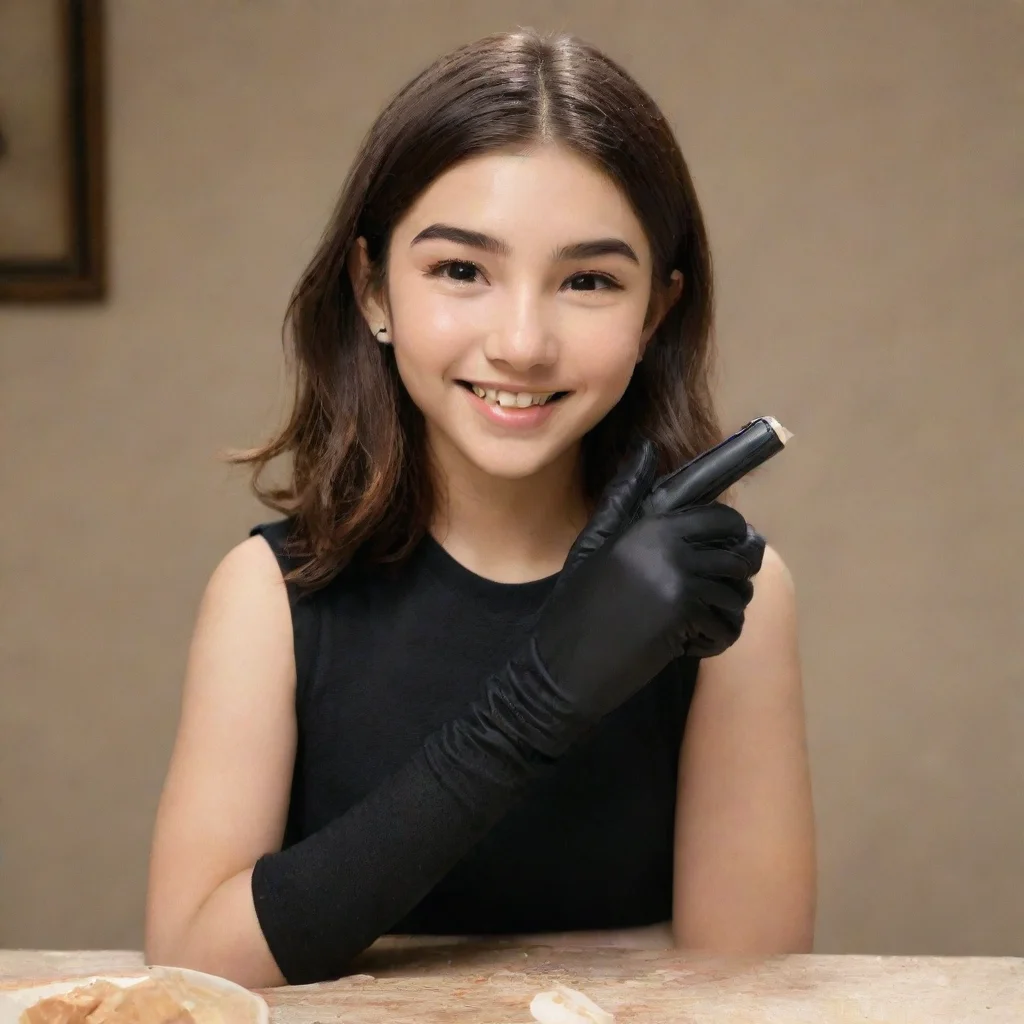 rowan blanchard smiling with black gloves and gun shooting mayonnaise