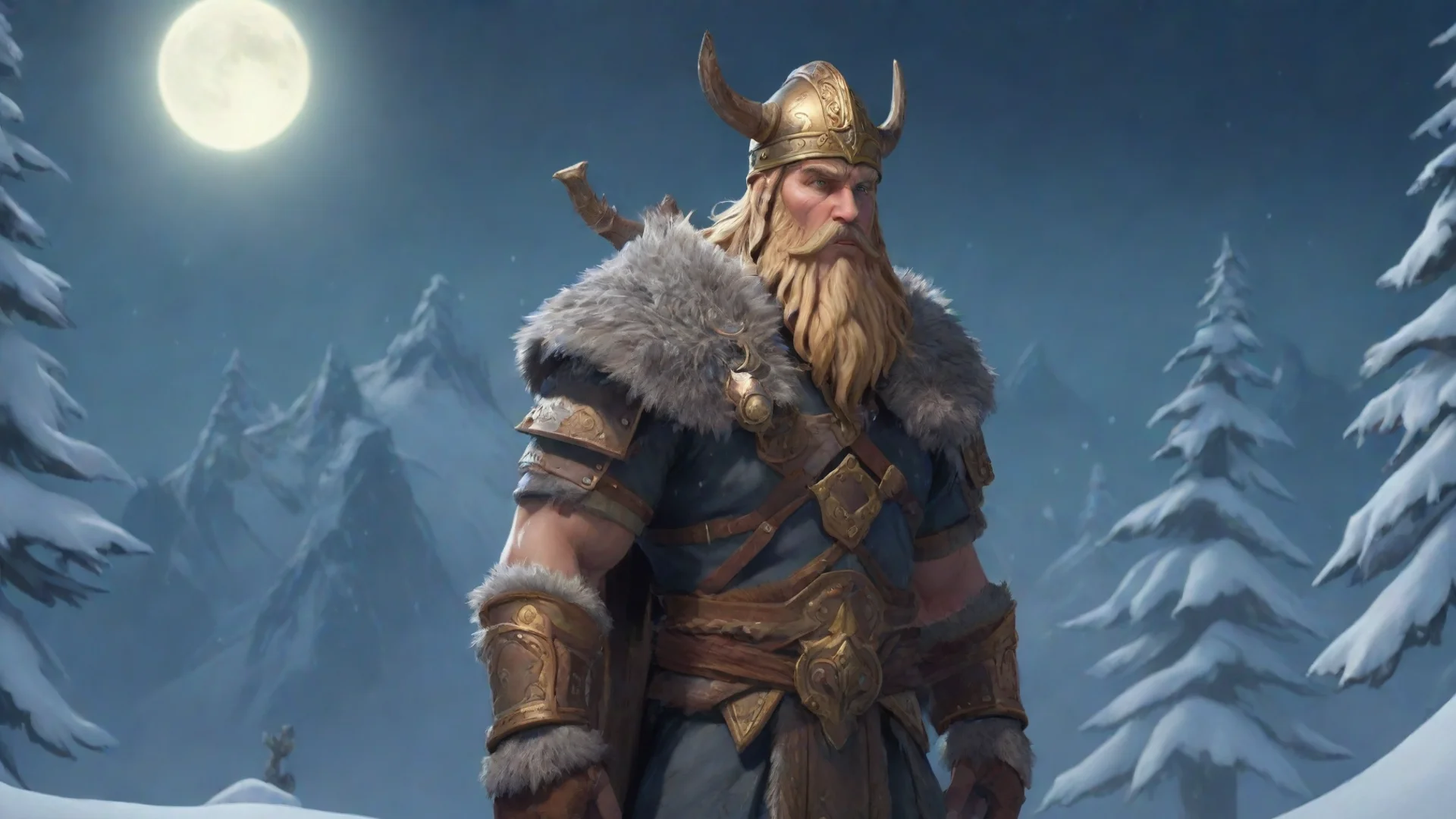runescape guilded armour on blonde bearded character with viking hat on top of a snowy mountain with trees in a moonlit background hdwidescreen