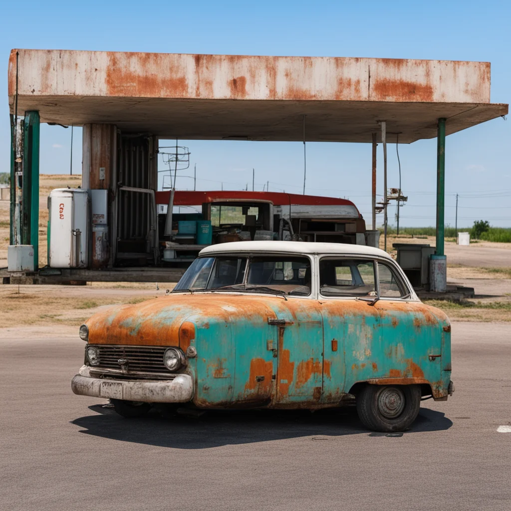 rusty old toyota van at a lonely gas station with one girl confident engaging wow artstation art 3