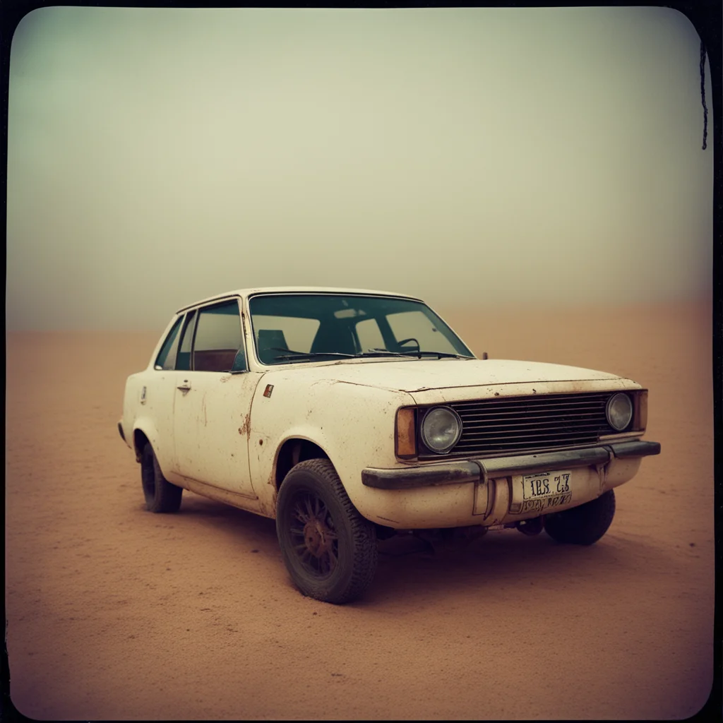 aisad ginger alt girl with her old rusty white toyota starlet   dessert   sandstorm   dark   gloomy   polaroid style confident engaging wow artstation art 3