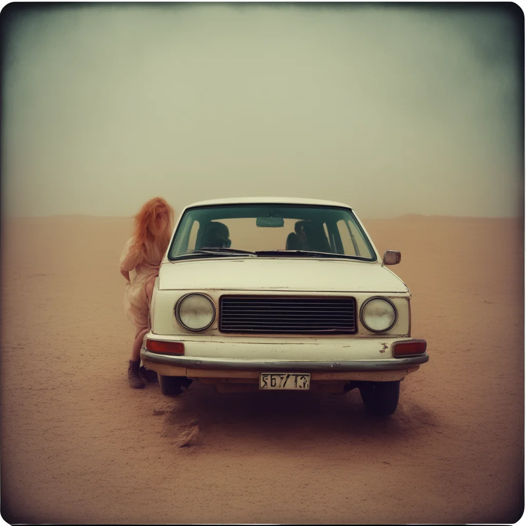 aisad ginger alt girl with her old rusty white toyota starlet   dessert   sandstorm   dark   gloomy   polaroid style good looking trending fantastic 1