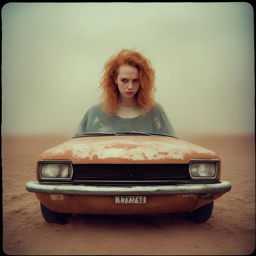 sad ginger alt girl with her old rusty white toyota starlet   dessert   sandstorm   dark   gloomy   polaroid style
