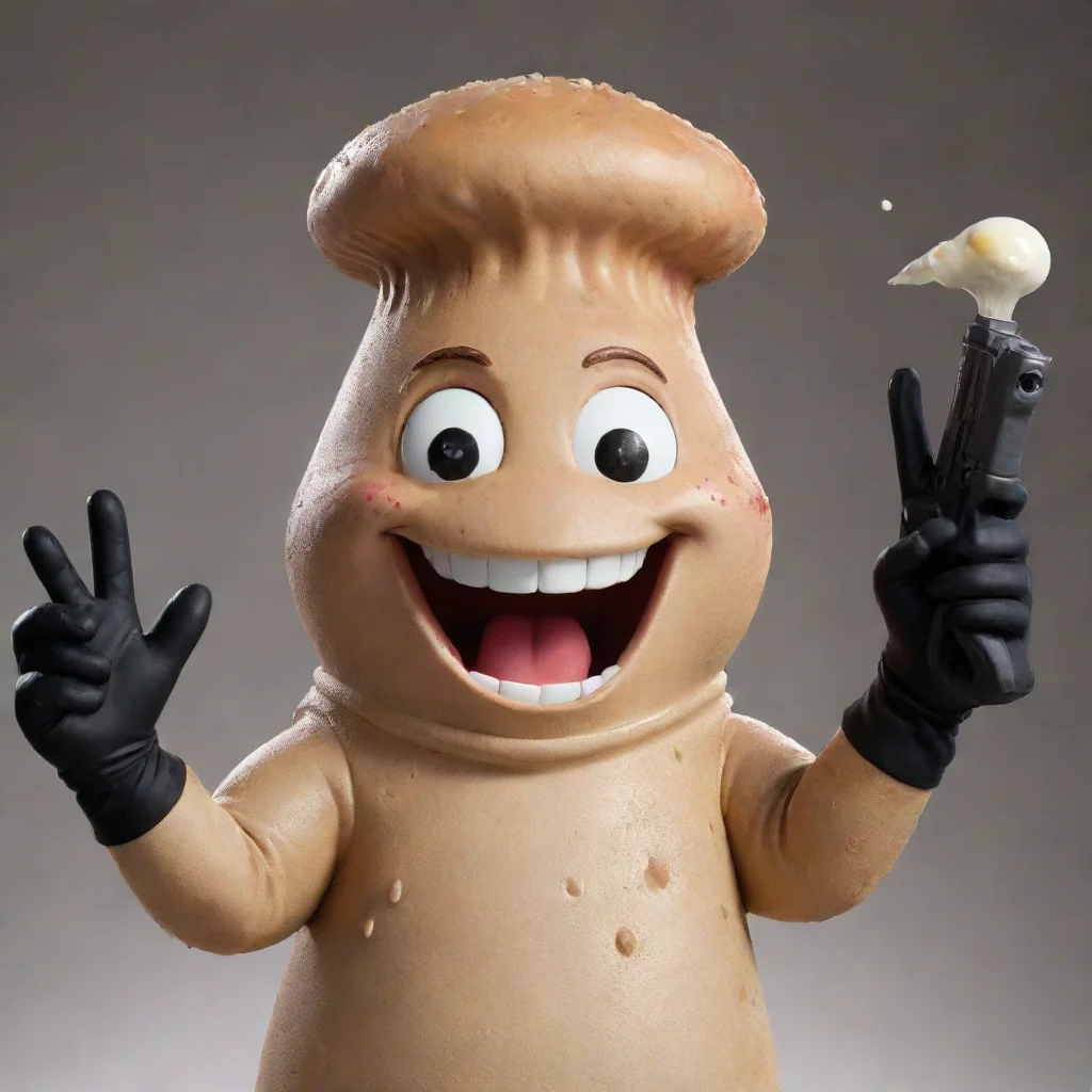 aisandy cheeks  smiling with black deluxe nitrile gloves and gun and mayonnaise splattered everywhere