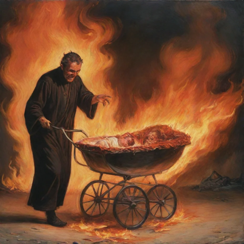 satan setting a newborn baby in a pram on fire