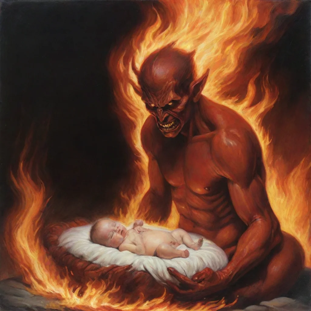 satan setting newborn baby on fire