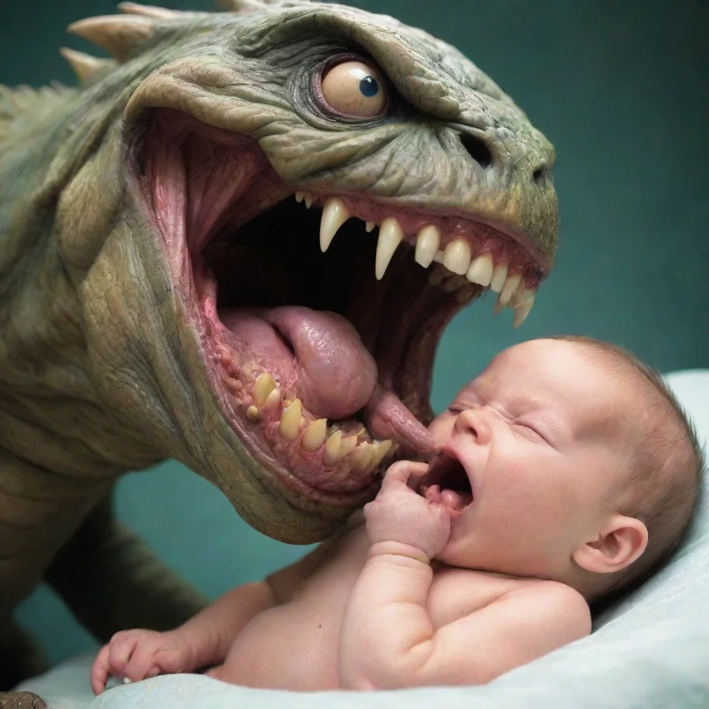 aiscary monster with big mouth biting a newborn baby