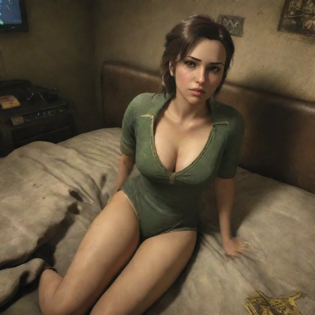 aiseductive cute fallout girl happy laying on bed first person