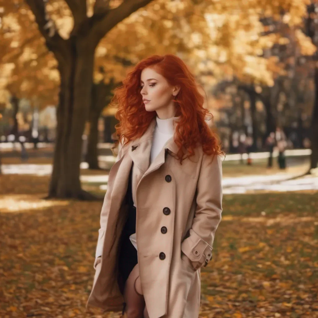 seductive redhead walking through park in autumn
