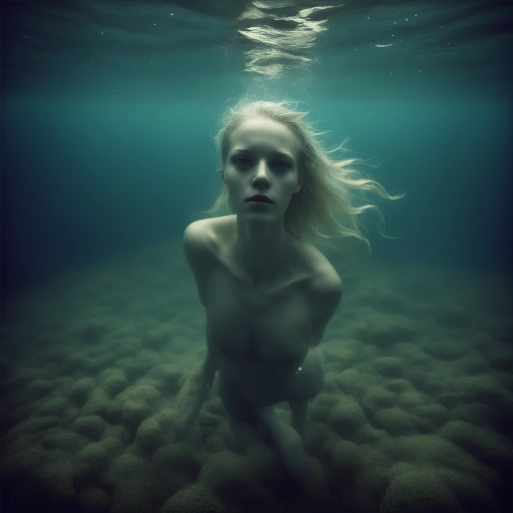 aisensual blonde  girl swimming foggy muddy  mysterious deep sea  uncanny night hipstamatic style confident engaging wow artstation art 3