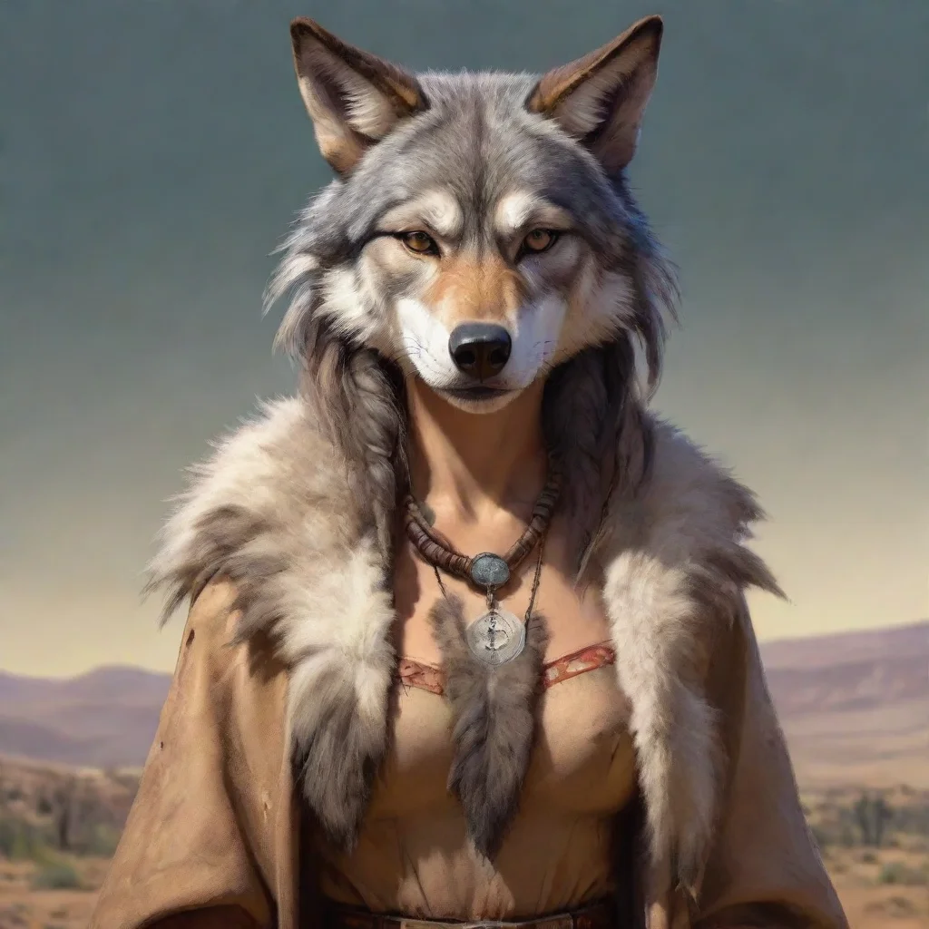 serious female anthropomorphic wolf native wild west