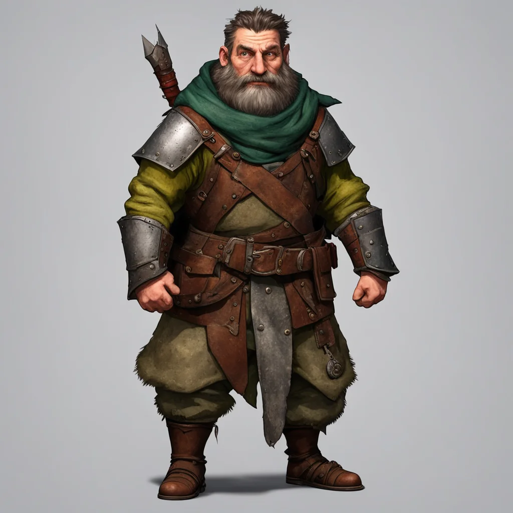 aishort and stocky adventurer with medieval gear and large nose