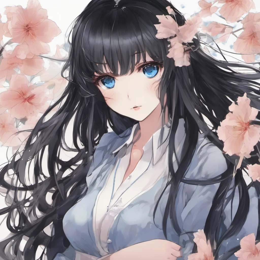 aishoujo art girl long silky black hair and blue eyes