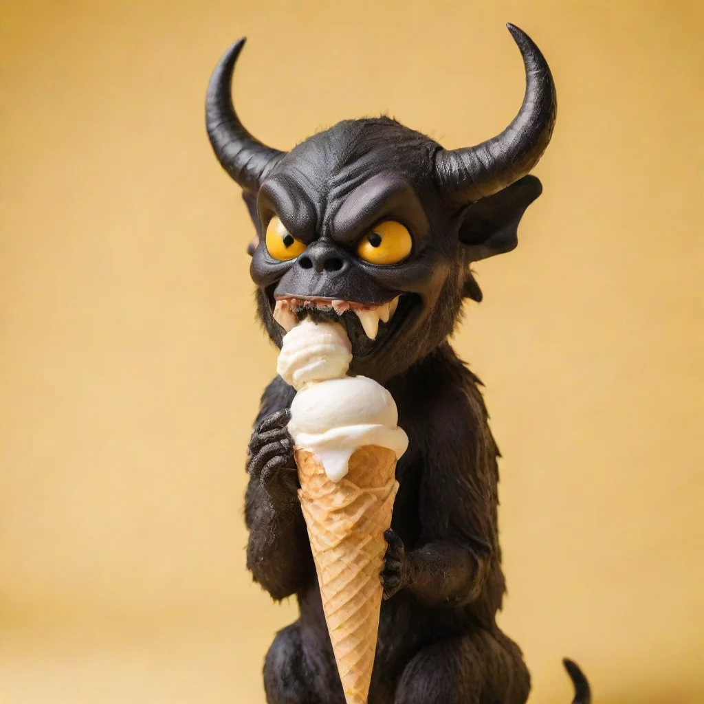 aiside angle of a black devil licking a vanilla icecream cone with yellow background 