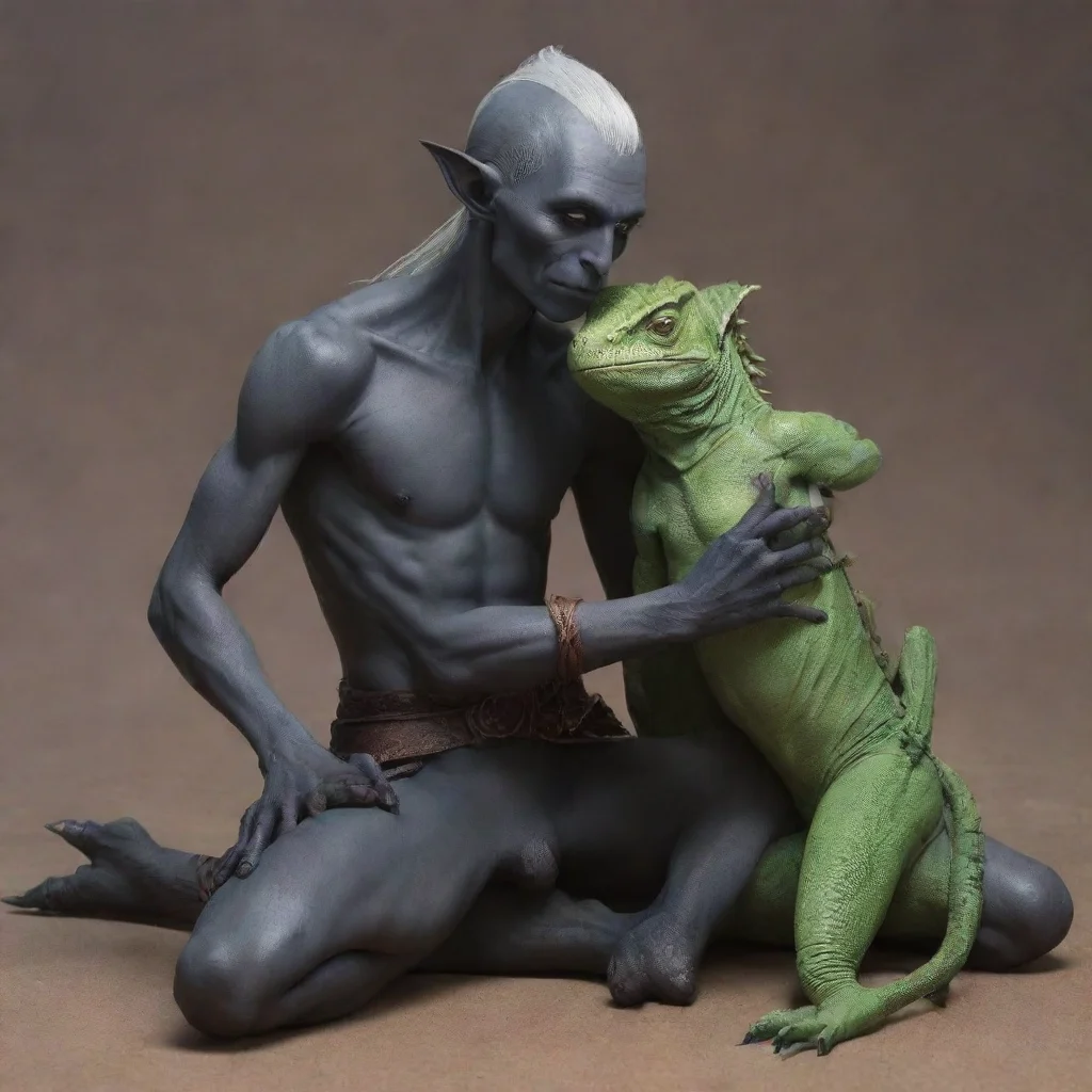 aiskinny dark elf cuddles with lizard men