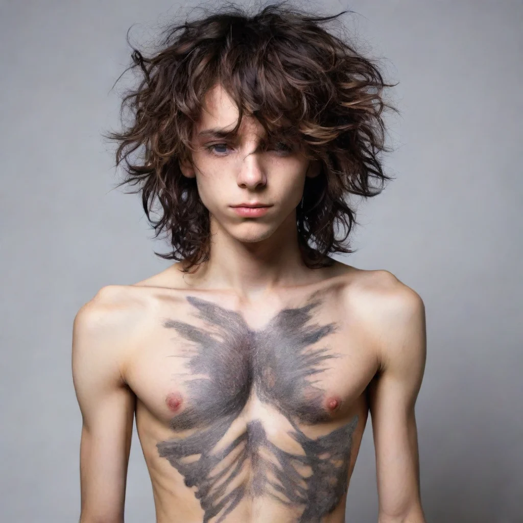 skinny emo boy with visible ribs and long messy curly hair covering his eyes