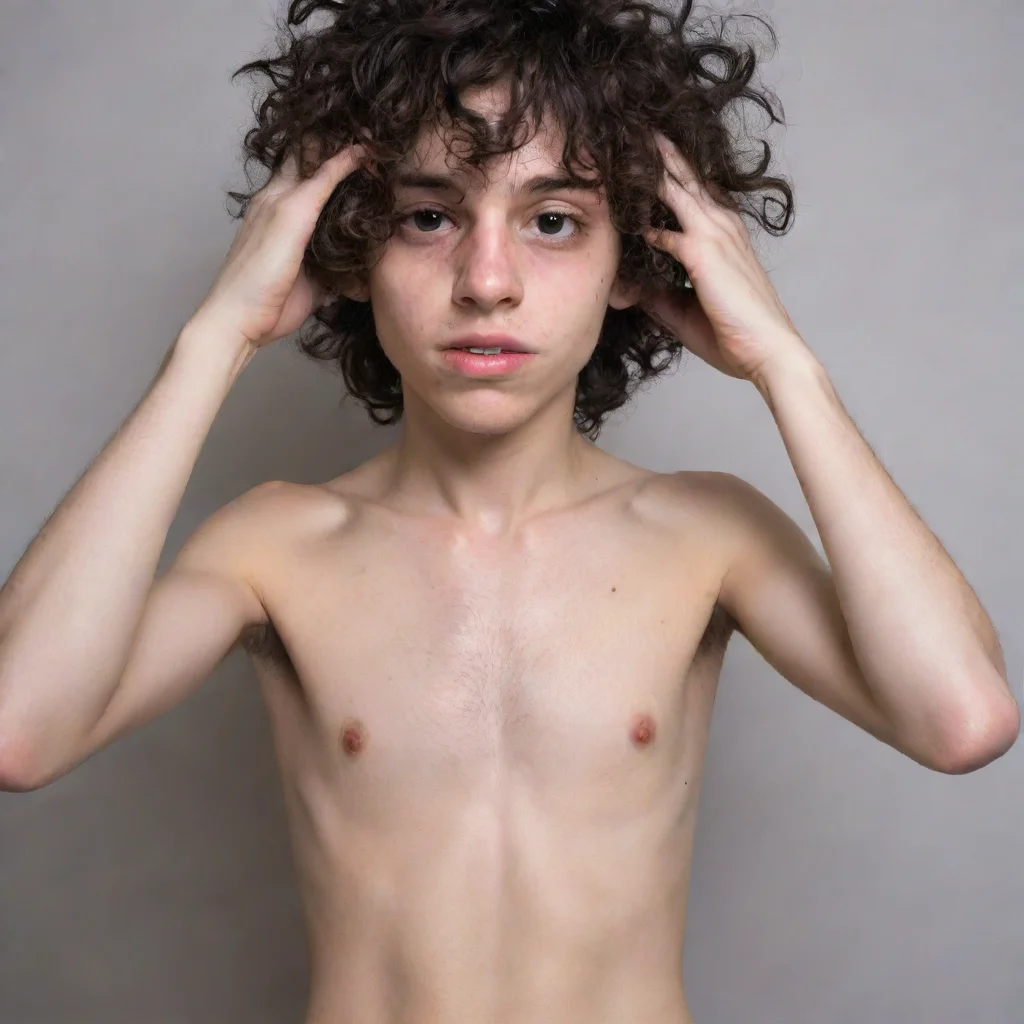 aiskinny shirtless emo boy with visible ribs  messy curly hair fully covering his eyes