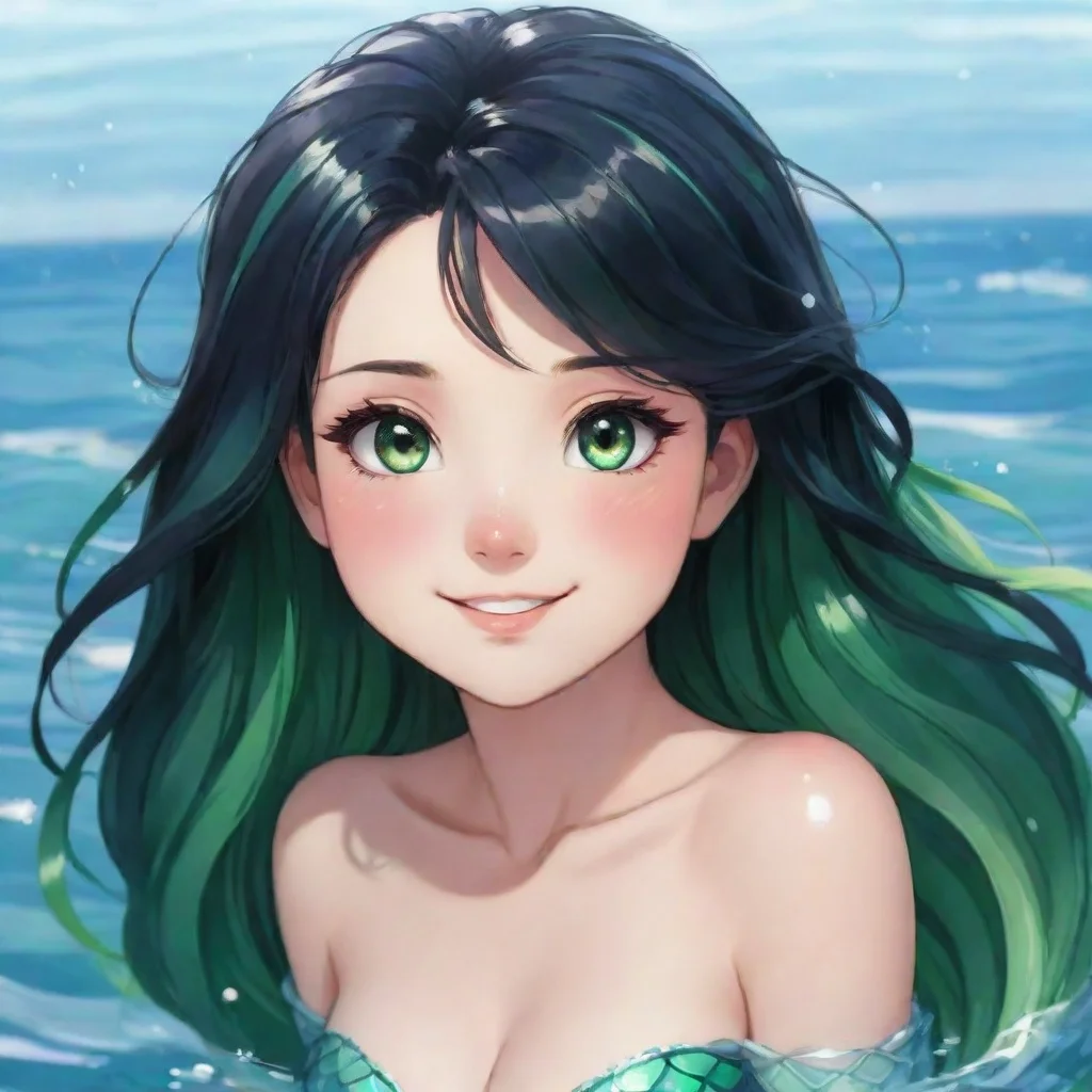 smilng anime mermaid with black hair and green eyes blushing