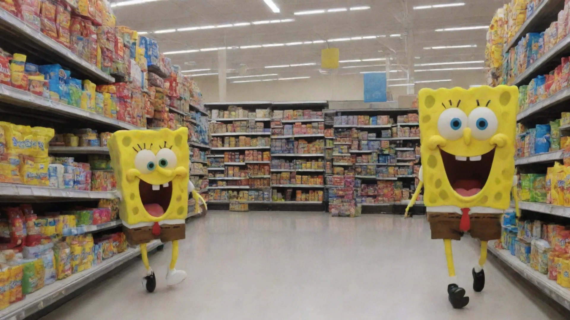 aispongebob walking into a walmart. wide