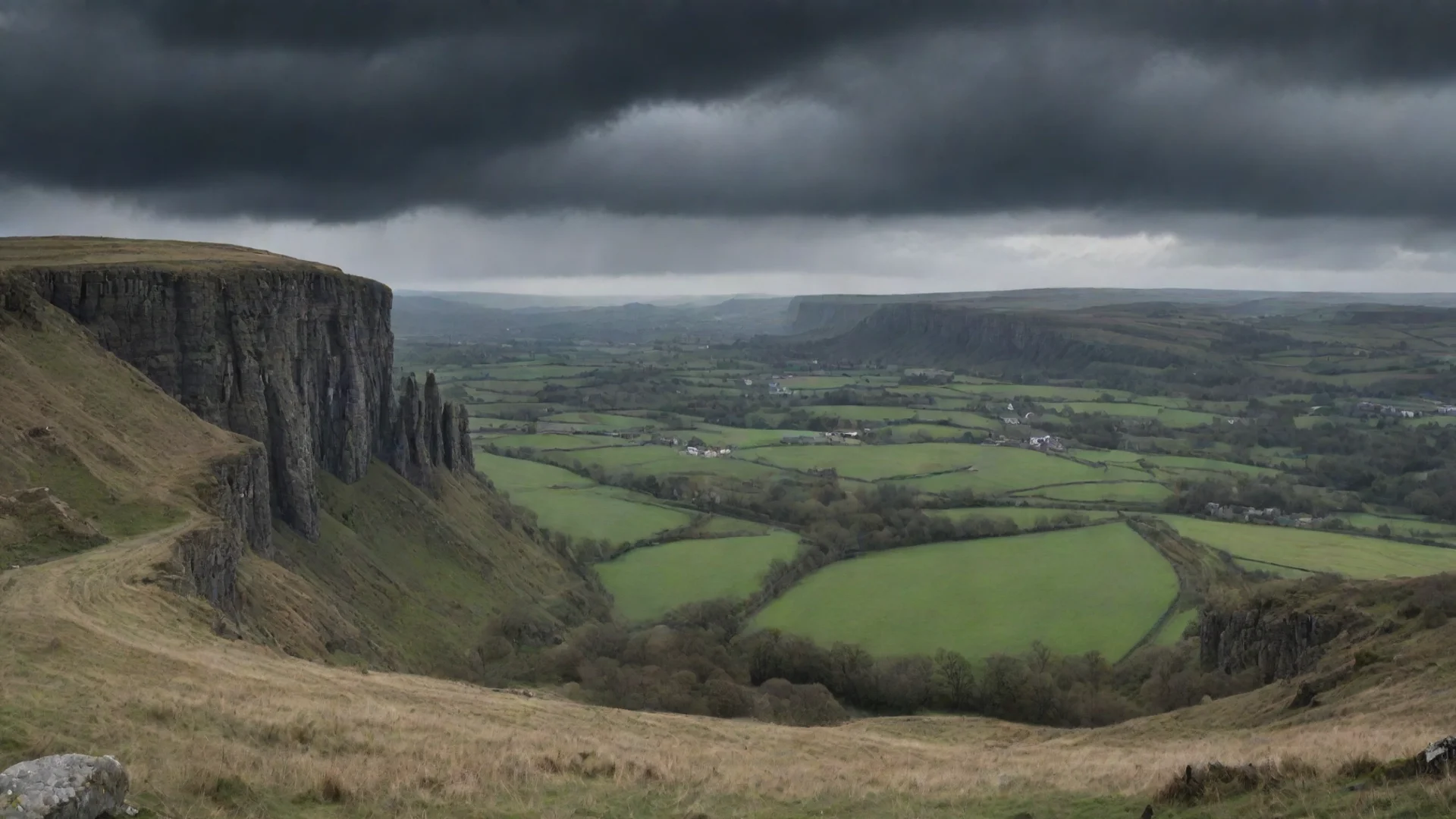 aispooky town in distance sweeping views cliffs fields dark cloudy sky wide
