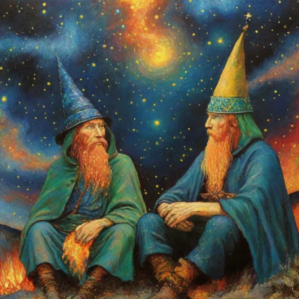 starry night van gogh colorful wizards sitting over magic fire two wizards epic realism colorful world fantasy lovely