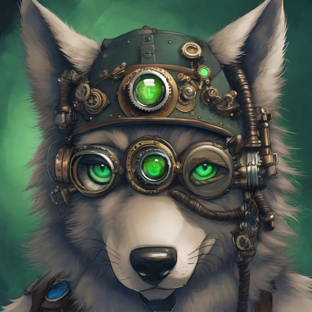 aisteampunk furry wolf blue fur green eyes