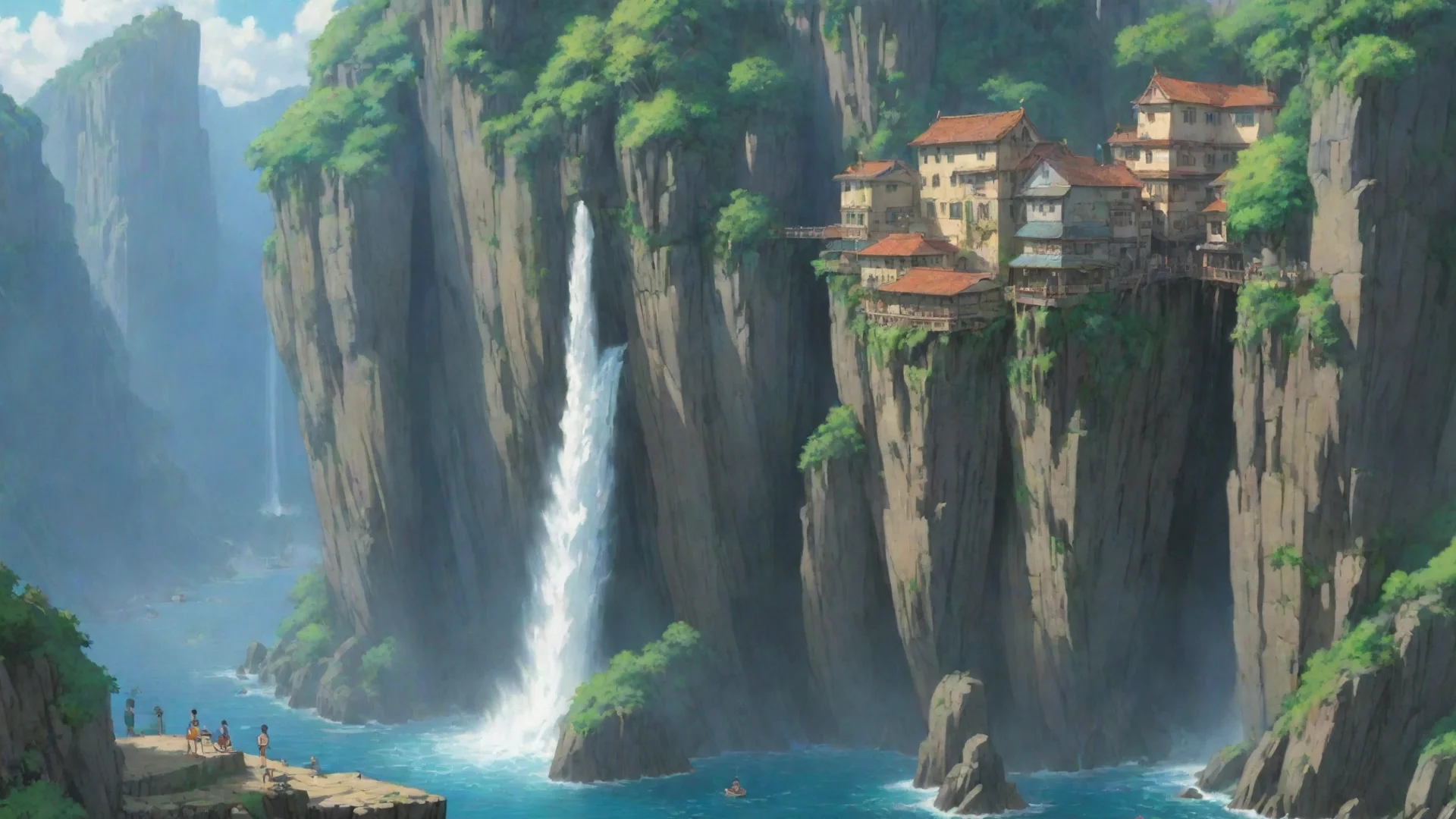 studio ghibli best award winning art environment sheer overhang cliff water fall city  wide