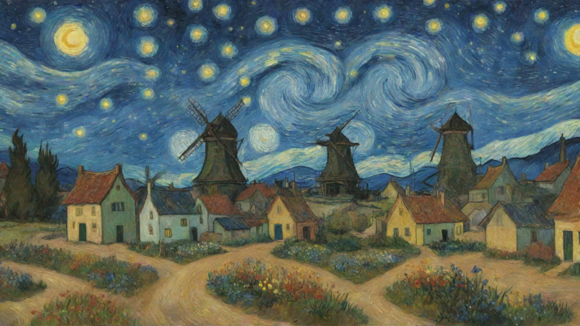 aisummer time flowers van gogh epic town windmill starry night 