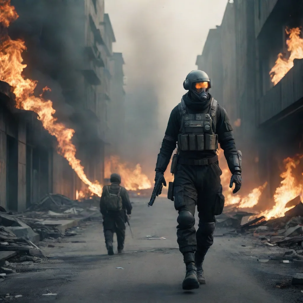 aiswedish male sci fi soldier walking burning city