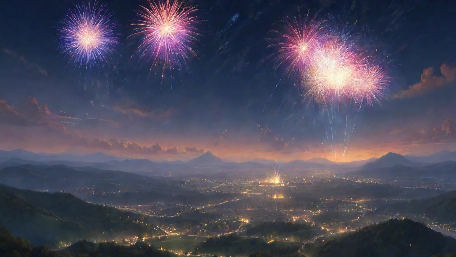 sweeping landscape art wonderful fireworks filling the sky utopian artstation hdwidescreen