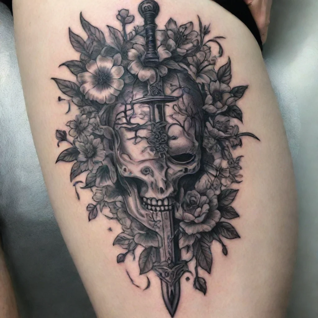 aisword throught brain with flowers fine line tattoo