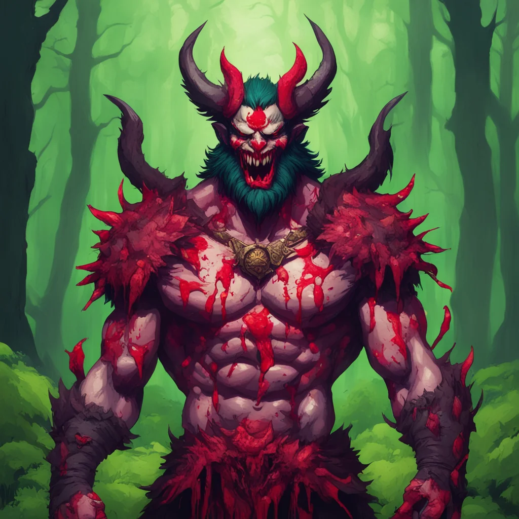 aithe demon king ravan holding a bloodied eagle head on one hand smeared in blood with an evil grin on his face in the middle of a lush green forest confident engaging wow artstation art 3