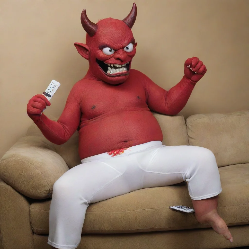 the devil in white underpants with tv remote on the couch