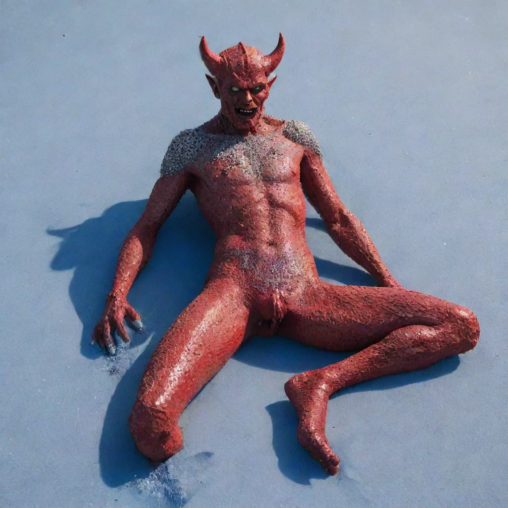 aithe devil sunbaking on blue sand in chainmail