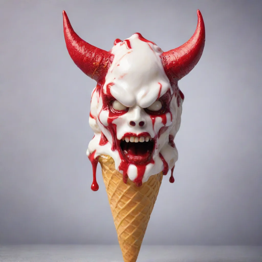 aithe devils head melting on an icecream cone silver background