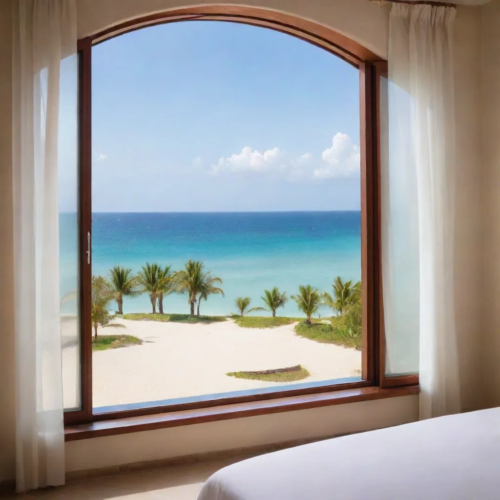 aithe picture is that you are relaxing in a room in a resort in front of you you see a wide open window from the window facing the sea you see a very beautiful view of the beach