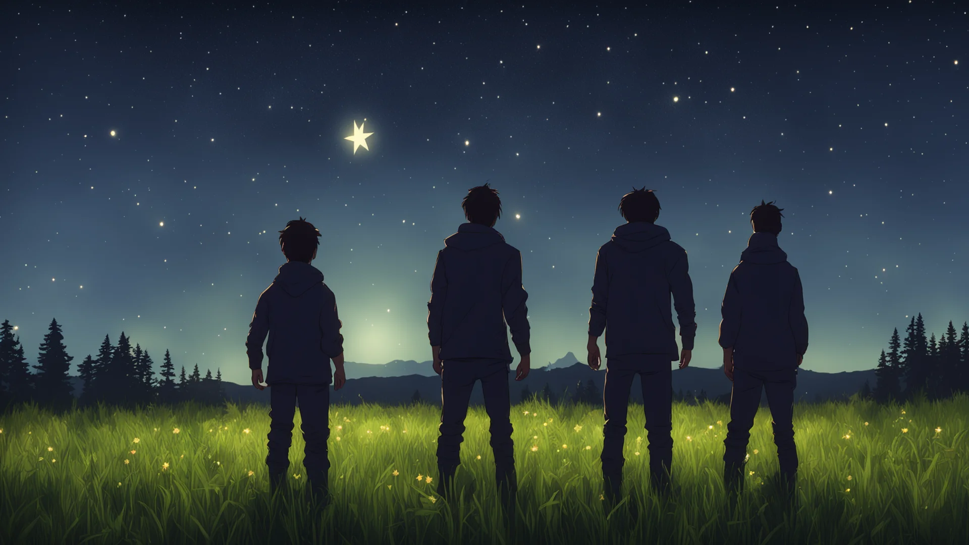 the player character stands with his back turned in a meadow at night with a star in the background good looking trending fantastic 1 wide