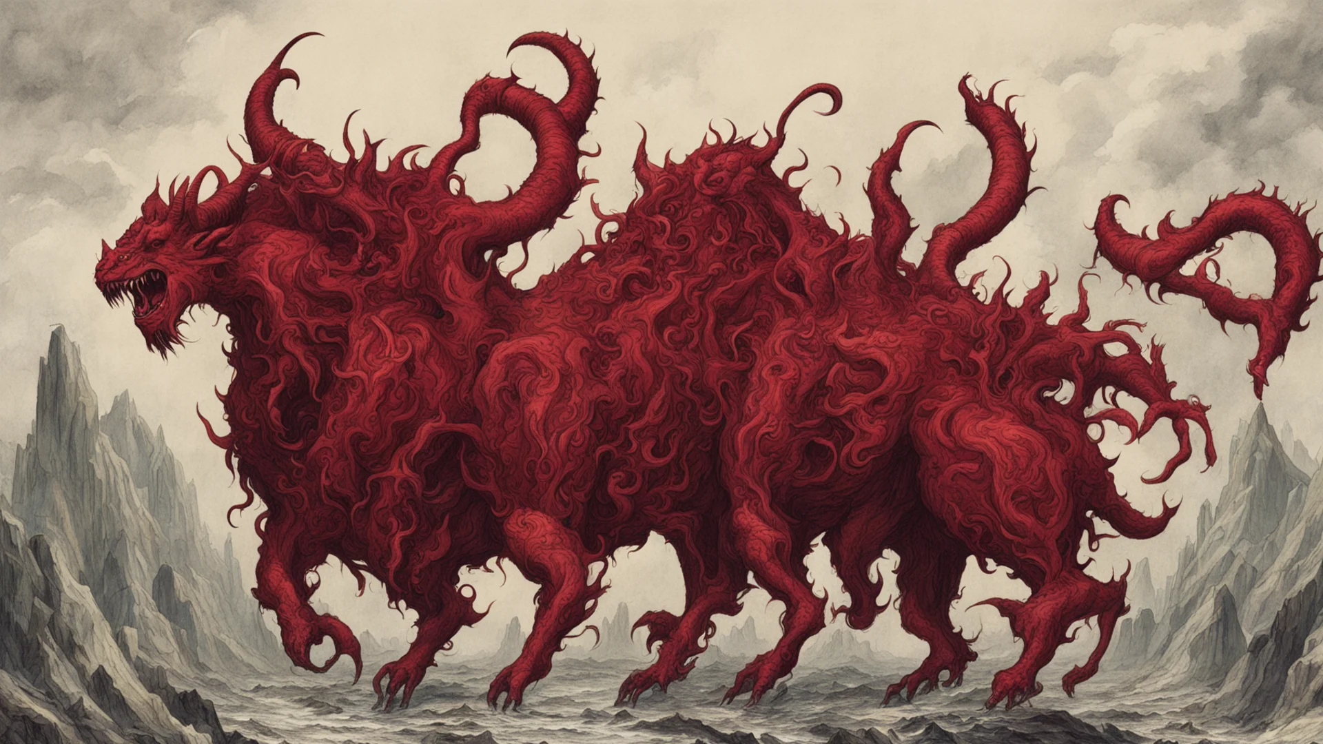 the scarlet beast from revelations with seven heads and ten horns wide