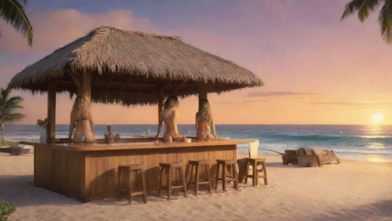 aithere are a couple women in swimwear at the bar and surfboards are on the beach