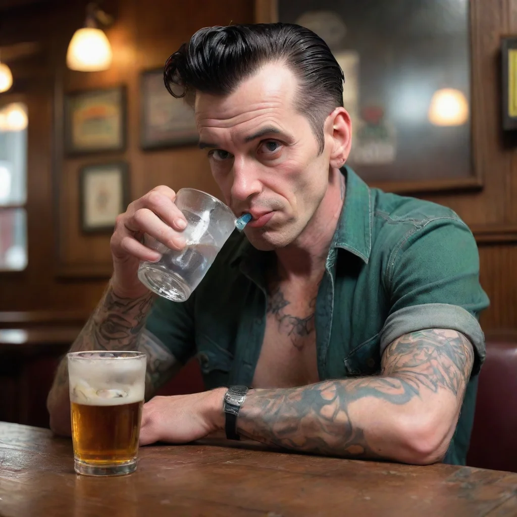 thin rockabilly man drinking a pint of water at the pub