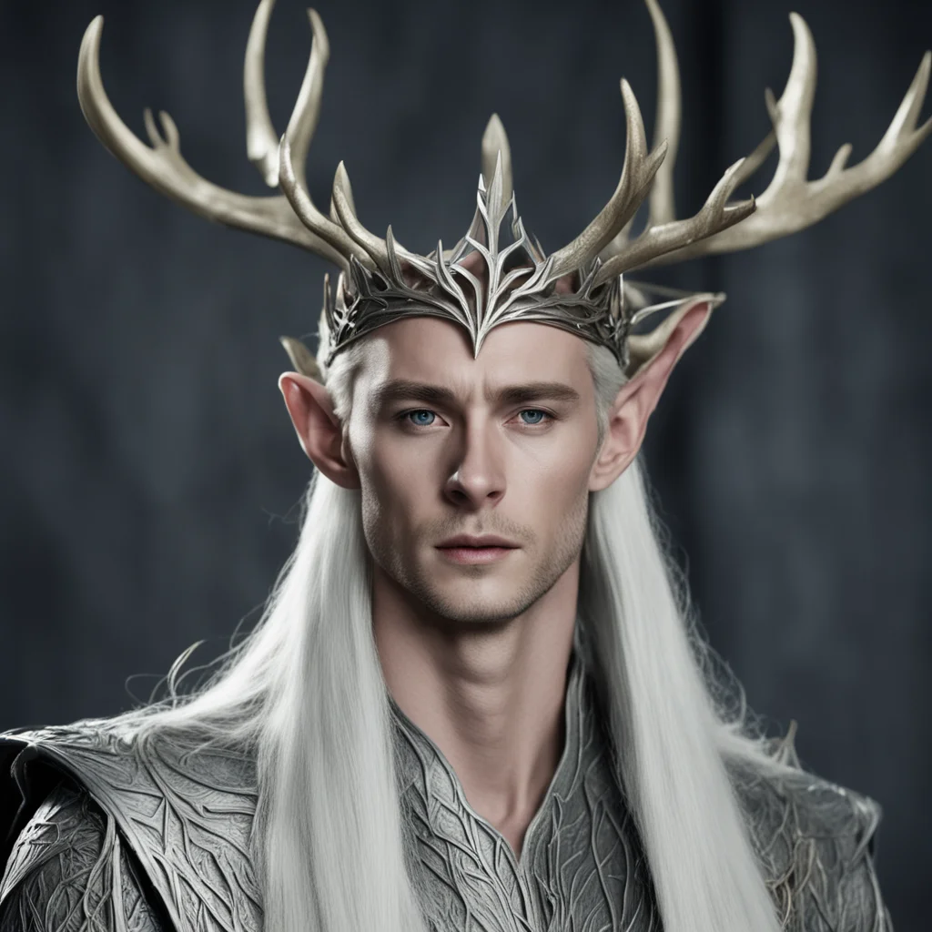thranduil wearing silver wood elf crown with elk graven into crown confident engaging wow artstation art 3